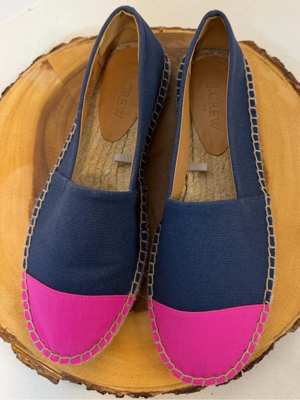 J. Crew Navy Canvas Espadrilles Pink Toe Cap Slip On Braided Jute Women’s 7.5‎